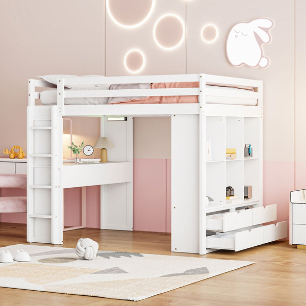 English Elm Full Size Loft Bed with Built-in Desk Shelves Led Lighting and Drawer Storage LT000367AAK