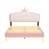 English Elm Full Size Upholstered Princess Bed With Crown Headboard,Full Size Platform Bed With Headboard and Footboard With Light Strips,Golden Metal Legs, White+Pink