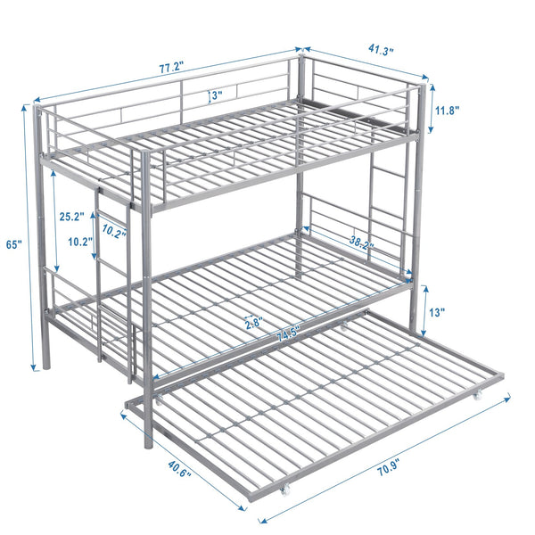 English Elm METAL Silver Bunk Bed with Pull-Out Trundle, Sturdy Steel Frame, Space-Saving, Quiet, Safe Stairs W2297P165044
