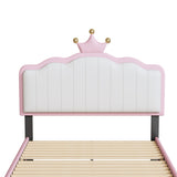 English Elm Twin Size Upholstered Princess Bed With Crown Headboard,Twin Size Platform Bed With Headboard and Footboard With Light Strips,Golden Metal Legs, White+Pink