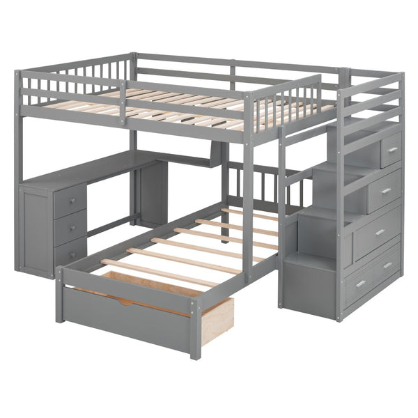 English Elm Full Over Twin Bunk Bed with Staircase Drawers Desk and Shelves in Gray Gray LT001605AAE-1