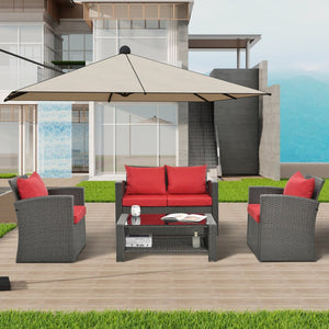 English Elm Patio Furniture Sets - Stylish Red Pe Wicker Lounge Set With Plush Cushions & Tempered Glass Tabletop W1703S00009-GIGA