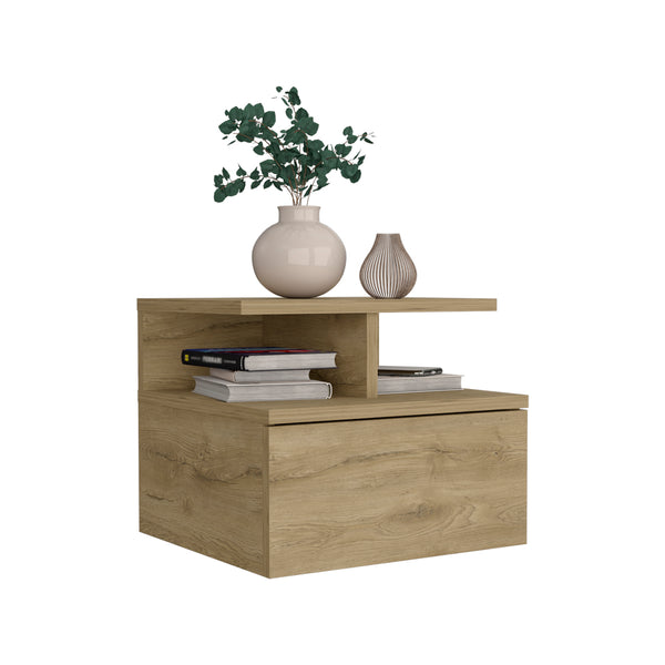 English Elm Floating Nightstand Sleek Wall-Mounted Cement-Look Organizer with Single Drawer and Two Shelves for Compact Bedrooms and Modern Minimalist Spaces Beige 17.71 L x 17.32 W x 3.94 H B097133175