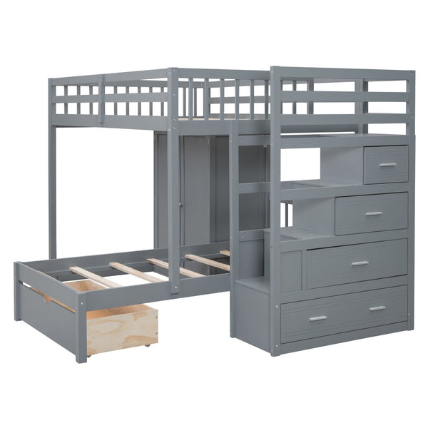 English Elm Full Over Twin Bunk Bed with Wardrobe Staircase Drawers for Shared Kids Rooms LT001606AAE
