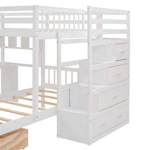 English Elm Full Over Twin Bunk Bed with Staircase Drawers Desk and Shelves in Gray White LT001605AAK-2