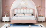 English Elm Full Size Velvet Princess Bed With Bow-Knot Headboard,Full Size Platform Bed With Headboard and Footboard,White+Pink