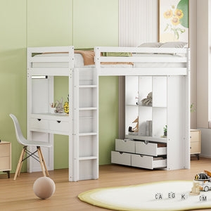 English Elm Twin Loft Bed with Built-in Desk Open Shelving and Led Lighting for Kids Rooms White LT000366AAK