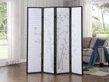 English Elm Bamboo Print 4-Panel Framed Room Screen/Divider, Black