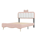 English Elm Twin Size Velvet Princess Bed With Bow-Knot Headboard,Twin Size Platform Bed With Headboard and Footboard,White+Pink