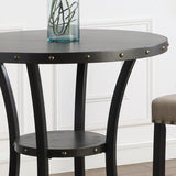 English Elm Biony 3-Piece 36" Round Espresso Finish Bar Table With 2 Gray Fabric Nail Head Pub Chairs