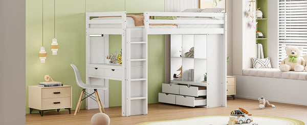 English Elm Twin Loft Bed with Built-in Desk Open Shelving and Led Lighting for Kids Rooms White LT000366AAK
