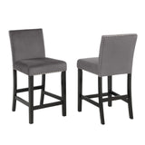 Gray Velvet Counter Stools Set with Nailhead Trim, 2 Pieces