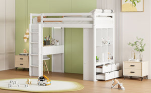 English Elm Twin Loft Bed with Built-in Desk Open Shelving and Led Lighting for Kids Rooms White LT000366AAK