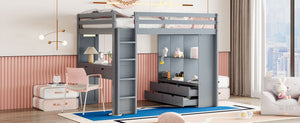 English Elm Full Size Loft Bed with Built-in Desk Shelves Led Lighting and Drawer Storage LT000367AAE