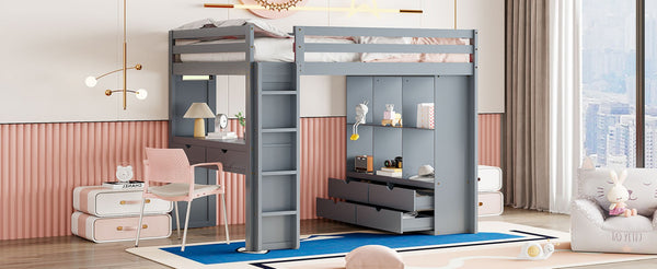 English Elm Full Size Loft Bed with Built-in Desk Shelves Led Lighting and Drawer Storage LT000367AAE