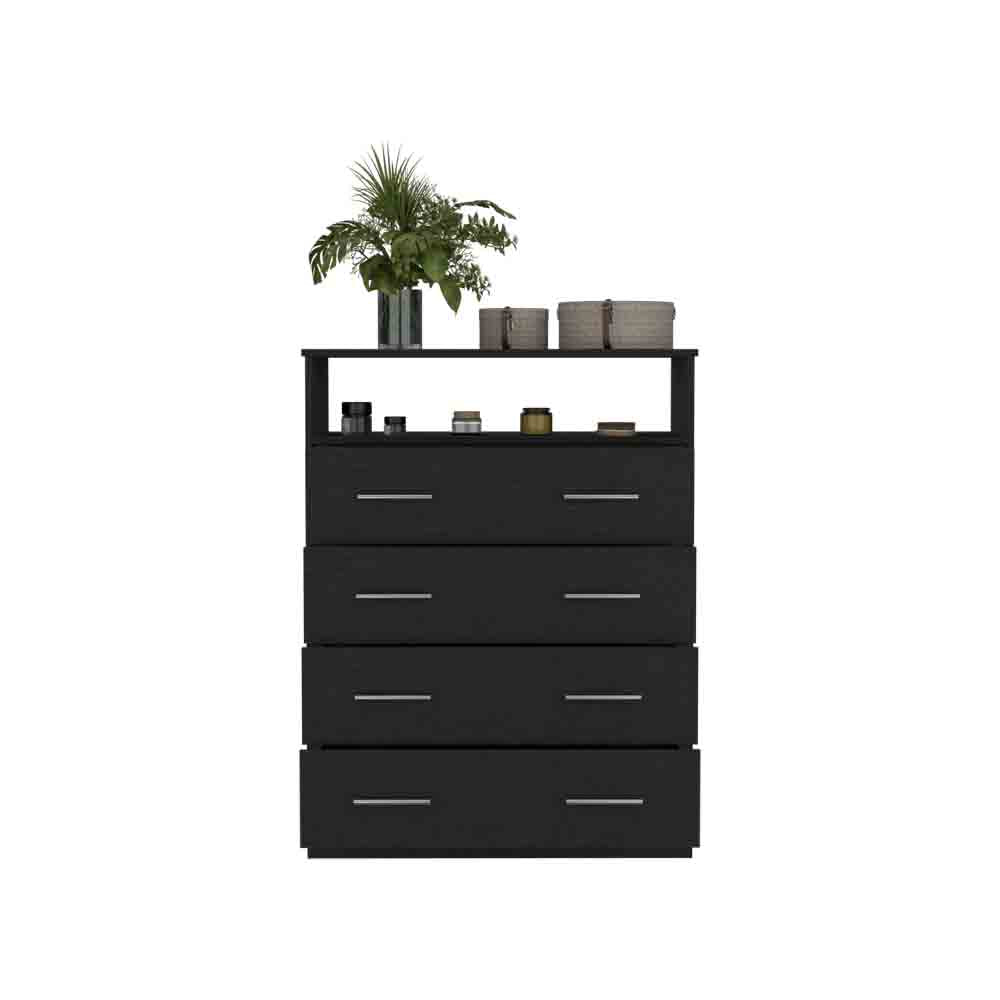 English Elm Four Drawer Dresser Wuju Black - Durable Particle Board, 4 Smooth Drawers, Open Shelf, Metal Hardware, 46"L B092S00144