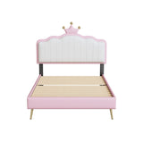 English Elm Twin Size Upholstered Princess Bed With Crown Headboard,Twin Size Platform Bed With Headboard and Footboard With Light Strips,Golden Metal Legs, White+Pink