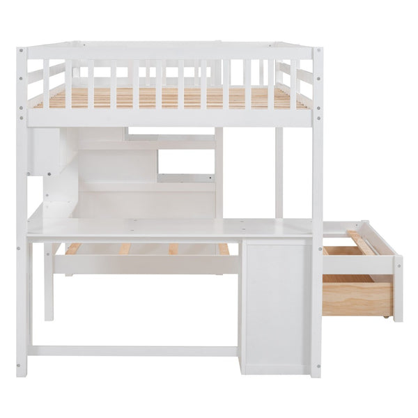 English Elm Full Over Twin Bunk Bed with Staircase Drawers Desk and Shelves in Gray White LT001605AAK-2