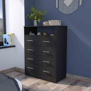 English Elm Four Drawer Dresser Wuju Black - Durable Particle Board, 4 Smooth Drawers, Open Shelf, Metal Hardware, 46"L B092S00144