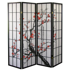 English Elm Black Japanese 4-Panel Screen Room Divider, Plum Blossom