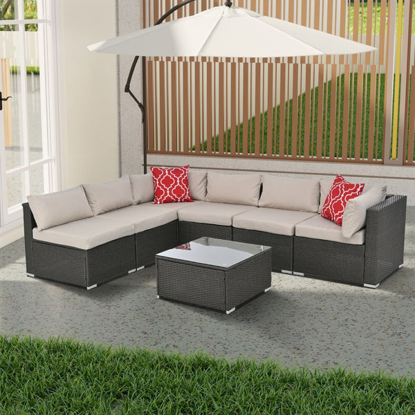 English Elm Patio Wicker Furniture Set – Stylish 7-Piece Outdoor Seating With Cushions & Glass Table, Dark Grey W1703S00032-GIGA