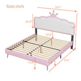 English Elm Full Size Upholstered Princess Bed With Crown Headboard,Full Size Platform Bed With Headboard and Footboard With Light Strips,Golden Metal Legs, White+Pink