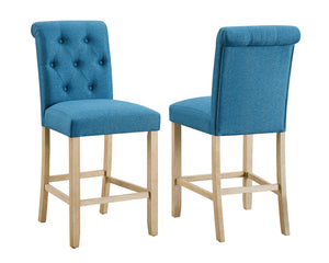 English Elm Siena Counter Height Button Tufted Back Solid Wood Stools, Set Of 2, Blue