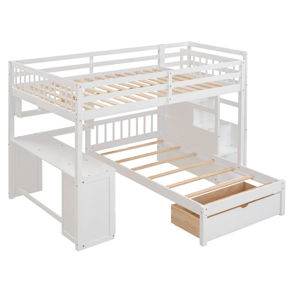 English Elm Full Over Twin Bunk Bed with Staircase Drawers Desk and Shelves in Gray White LT001605AAK-2