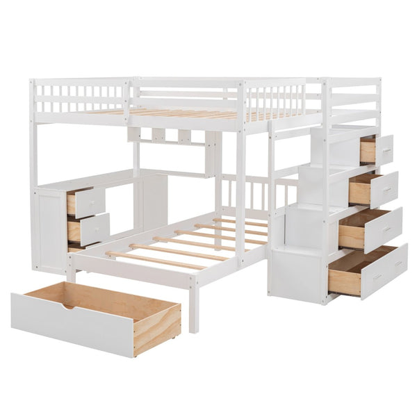 English Elm Full Over Twin Bunk Bed with Staircase Drawers Desk and Shelves in Gray White LT001605AAK-2