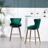 Set of 2 Leland Green Velvet Wingback Bar Stools, Mid-Century Design, 20.5 x 19.7 x 40.2