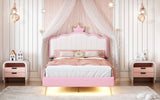 English Elm Twin Size Upholstered Princess Bed With Crown Headboard,Twin Size Platform Bed With Headboard and Footboard With Light Strips,Golden Metal Legs, White+Pink