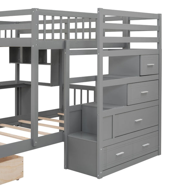 English Elm Full Over Twin Bunk Bed with Staircase Drawers Desk and Shelves in Gray Gray LT001605AAE-1