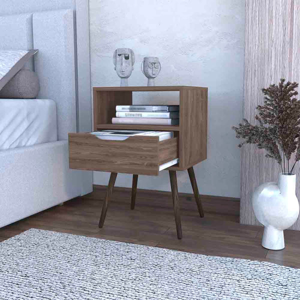 English Elm Nightstand In Dark Walnut Finish With Open Shelf & Drawer - Stylish Storage For Small Spaces B092122933