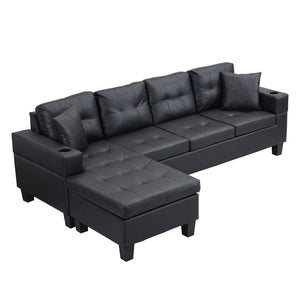 English Elm Sectional PU Sofa Set with L-Chaise, Built-In Cup Holders, Thick Foam Cushions, Modern 4-Seater Comfort Black 57.87 L x 28.35 W x 12.99 H W2297S00001
