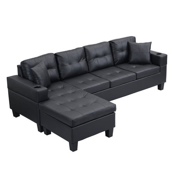 English Elm Sectional PU Sofa Set with L-Chaise, Built-In Cup Holders, Thick Foam Cushions, Modern 4-Seater Comfort Black 57.87 L x 28.35 W x 12.99 H W2297S00001
