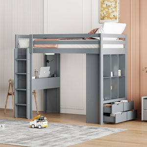 English Elm Twin Loft Bed with Built-in Desk Open Shelving and Led Lighting for Kids Rooms Gray LT000366AAE