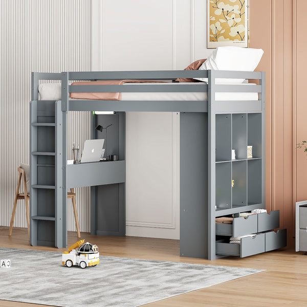 English Elm Twin Loft Bed with Built-in Desk Open Shelving and Led Lighting for Kids Rooms Gray LT000366AAE