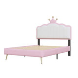 English Elm Twin Size Upholstered Princess Bed With Crown Headboard,Twin Size Platform Bed With Headboard and Footboard With Light Strips,Golden Metal Legs, White+Pink