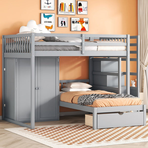 English Elm Full Over Twin Bunk Bed with Wardrobe Staircase Drawers for Shared Kids Rooms LT001606AAE