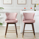 Set of 2 Pink Fabric Wingback Counter Stools, Mid-century Style, Walnut Legs