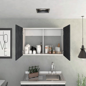 English Elm Wall Cabinet 19"H With Two Doors & Internal Shelves - Stylish White & Smoked Oak Storage Solution B097133160-GIGA