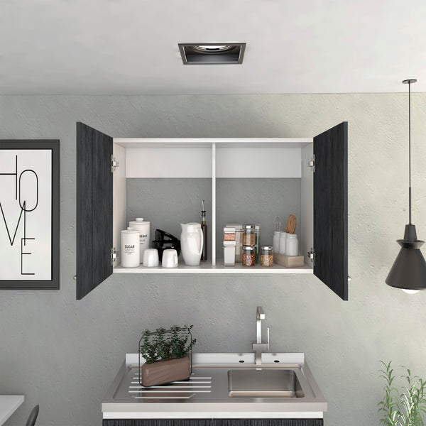 English Elm Wall Cabinet 19"H With Two Doors & Internal Shelves - Stylish White & Smoked Oak Storage Solution B097133160-GIGA