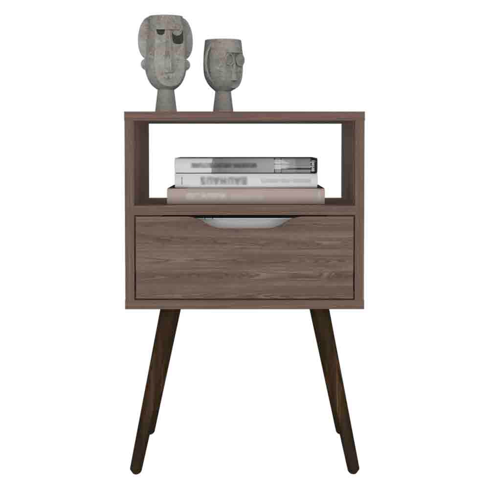 English Elm Nightstand In Dark Walnut Finish With Open Shelf & Drawer - Stylish Storage For Small Spaces B092122933