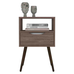 English Elm Nightstand In Dark Walnut Finish With Open Shelf & Drawer - Stylish Storage For Small Spaces B092122933