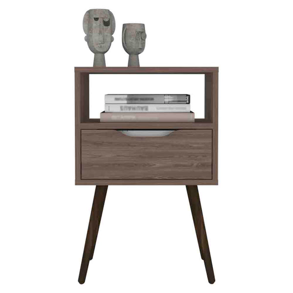 English Elm Nightstand In Dark Walnut Finish With Open Shelf & Drawer - Stylish Storage For Small Spaces B092122933