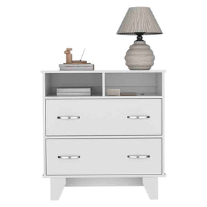 English Elm Double Drawer Dresser Arabi White - Durable Particle Board, Two Shelves & Spacious Drawers, Modern Storage Solution B092S00009