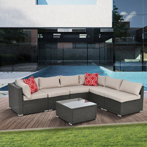 English Elm Patio Wicker Furniture Set – Stylish 7-Piece Outdoor Seating With Cushions & Glass Table, Dark Grey W1703S00032-GIGA