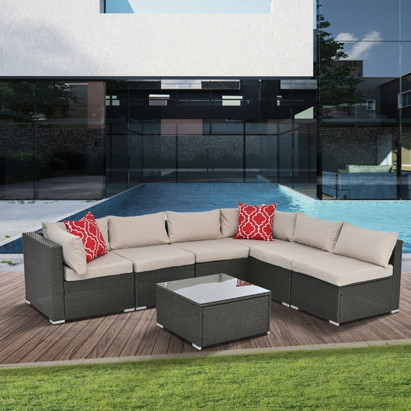 English Elm Patio Wicker Furniture Set – Stylish 7-Piece Outdoor Seating With Cushions & Glass Table, Dark Grey W1703S00032-GIGA