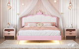 English Elm Full Size Upholstered Princess Bed With Crown Headboard,Full Size Platform Bed With Headboard and Footboard With Light Strips,Golden Metal Legs, White+Pink