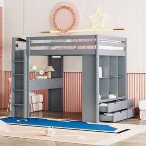 English Elm Full Size Loft Bed with Built-in Desk Shelves Led Lighting and Drawer Storage LT000367AAE